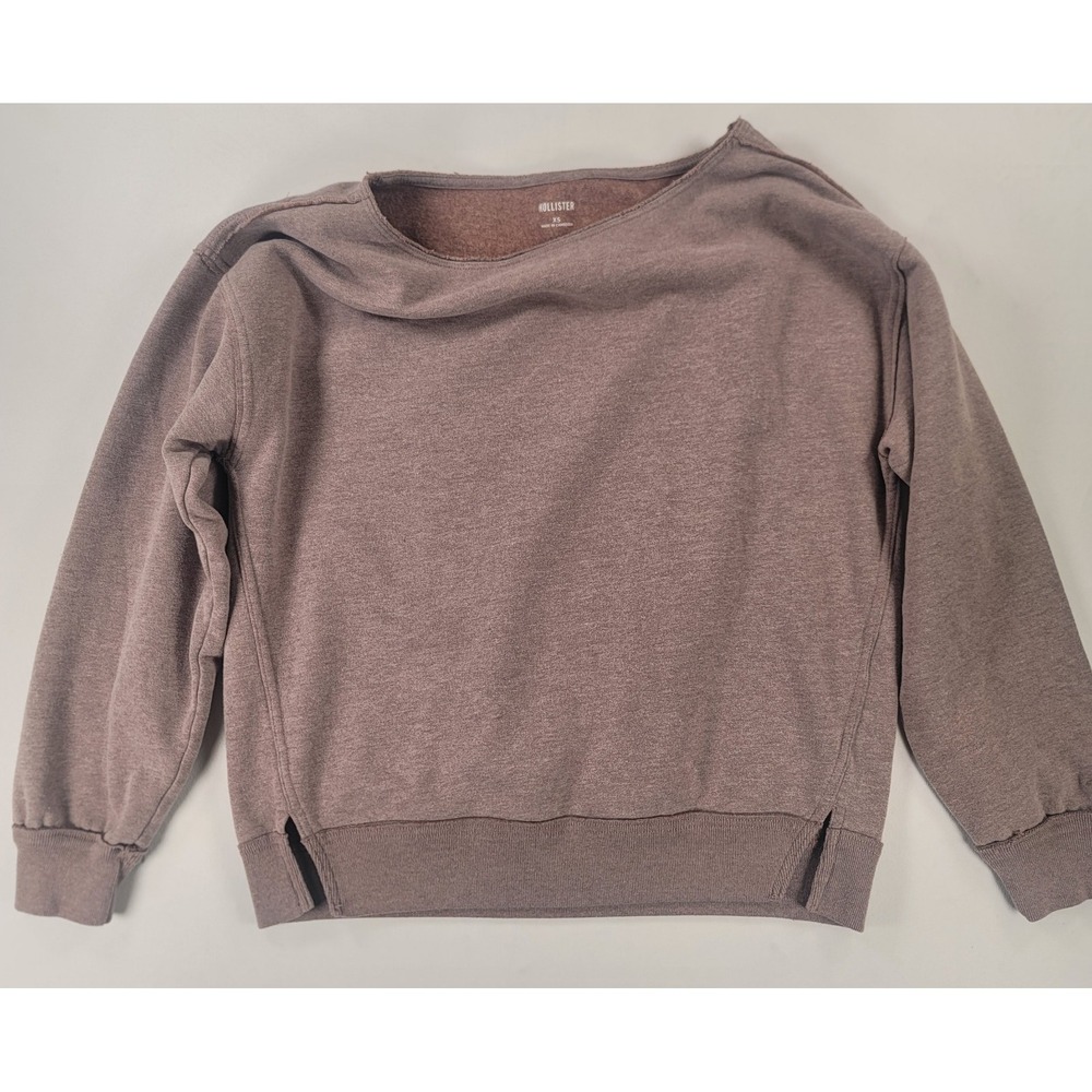 Hollister Wide‎ Neck Crop Sweatshirt XS Beige Brown Cozy Lounge Slouch Shoulder